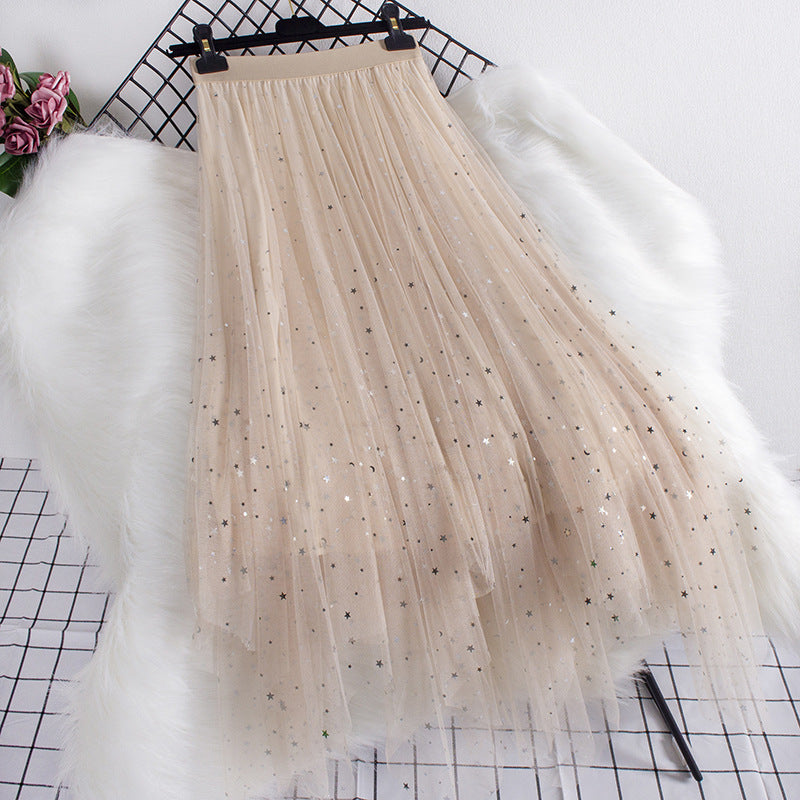 Women Fashion Irregular Star Sequin Mesh Skirt