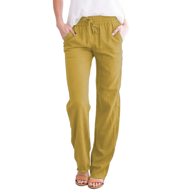 Pantalones casuales de algodón y lino de color sólido para mujer