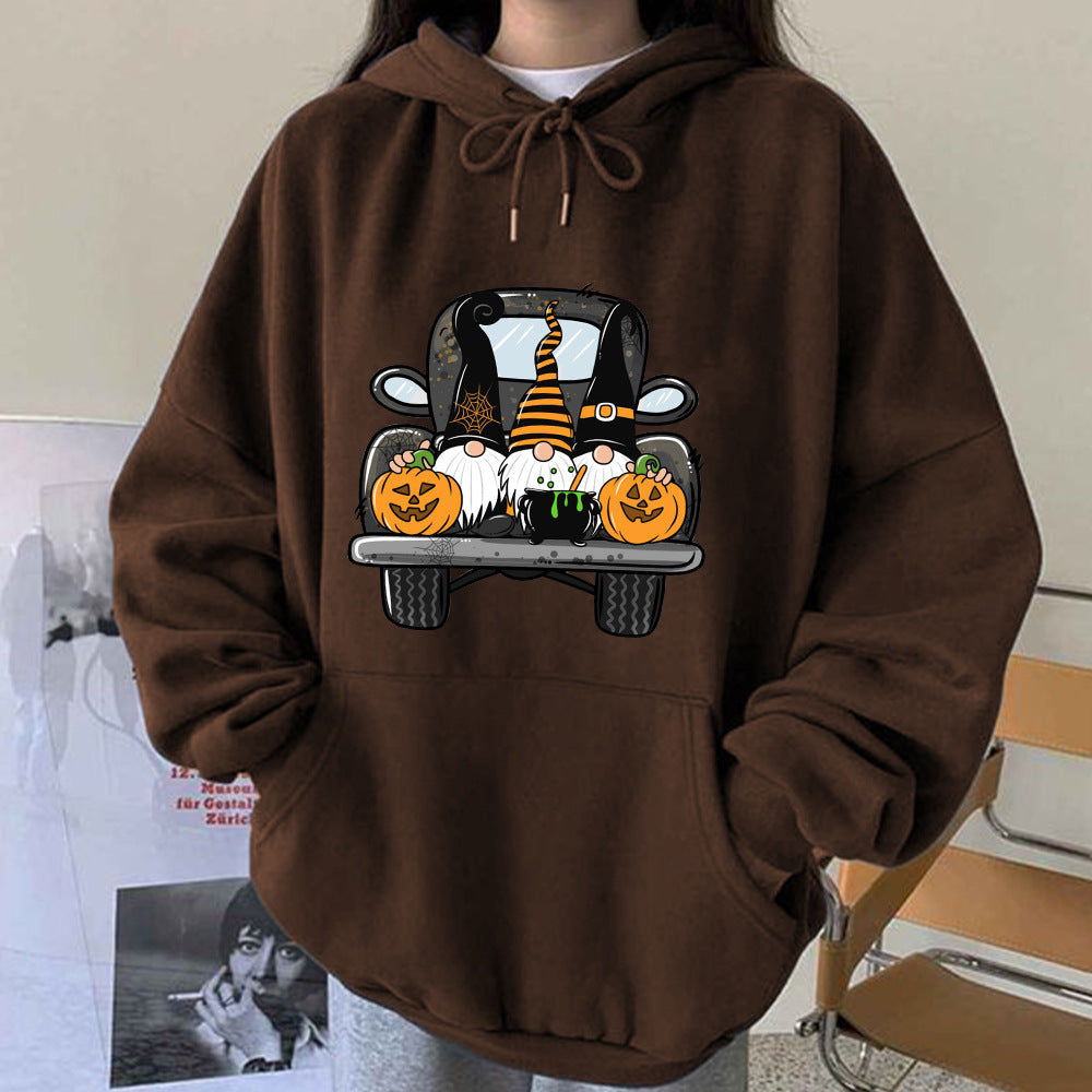 Women Cartoon Halloween Truck Pumpkin Gnome Print Hoodie