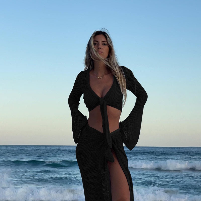 Conjunto de traje de baño sexy de color sólido con agujeros para mujer