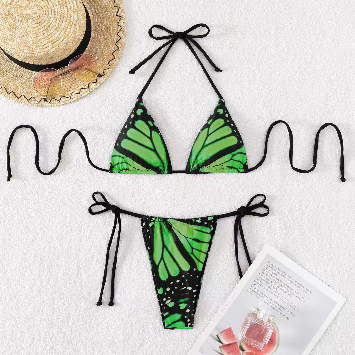 Bikini sexy con cuello halter y estampado de mariposas para mujer