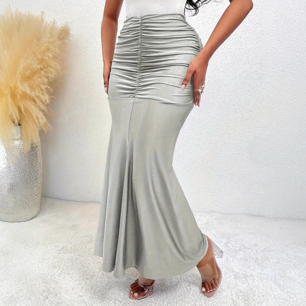 Women Fashion Solid Color Elastic Waist Fishtail Skirt