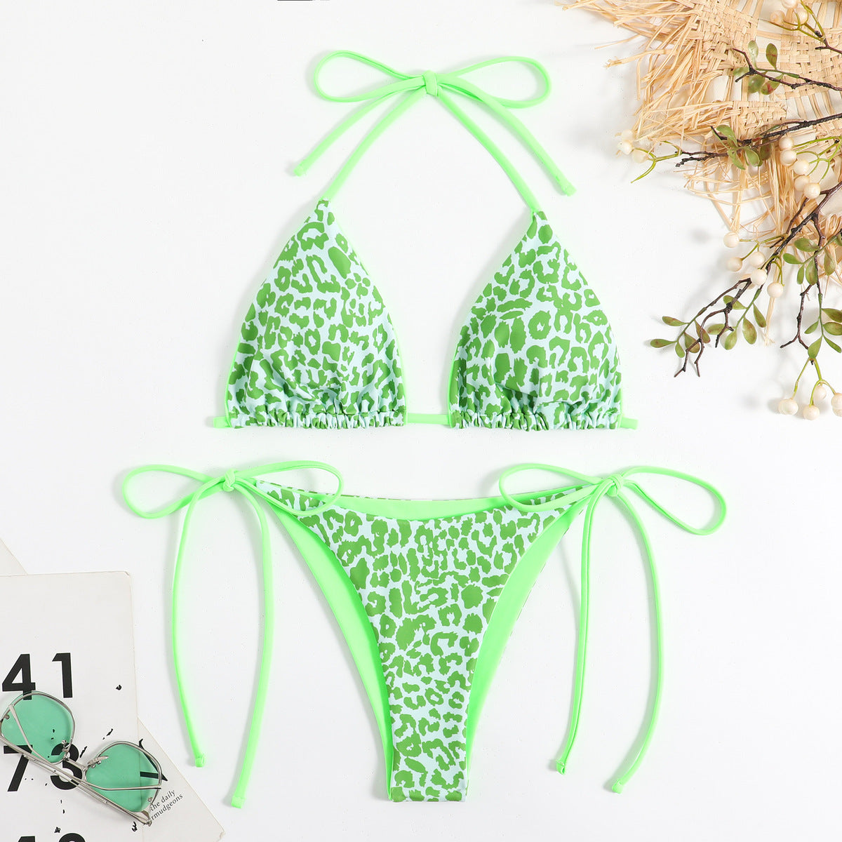 Traje de baño bikini sexy con cuello halter y estampado de leopardo para mujer