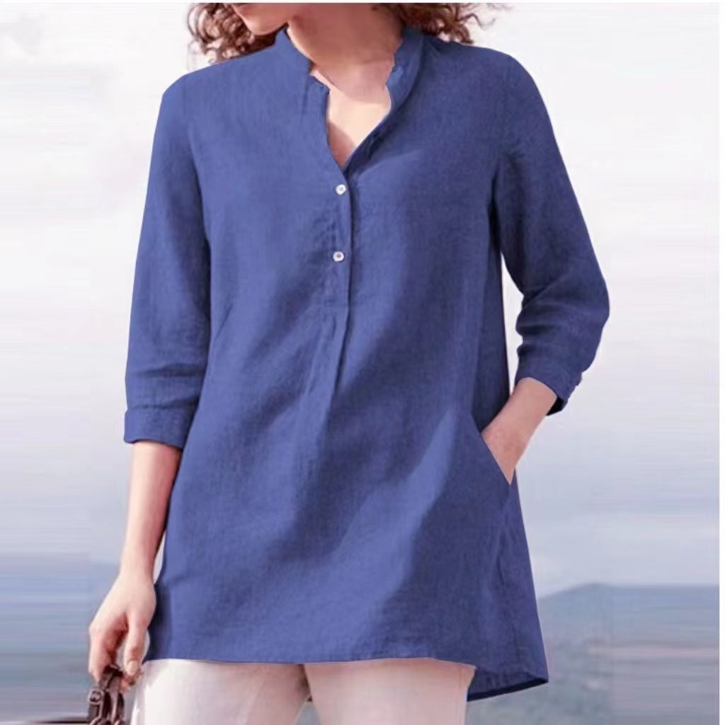 Camisa informal de lino y algodón con cuello de color liso para mujer