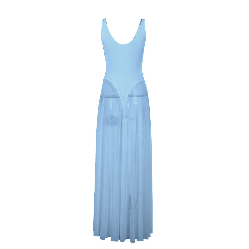 Women Elegant Mesh V-Neck Sleeveless Dress Polyester Slim Fit