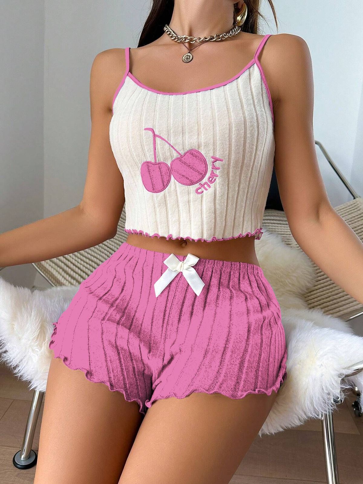 Women Fashion Sexy Embroidered Stripe Camisole and Shorts Pajama Set