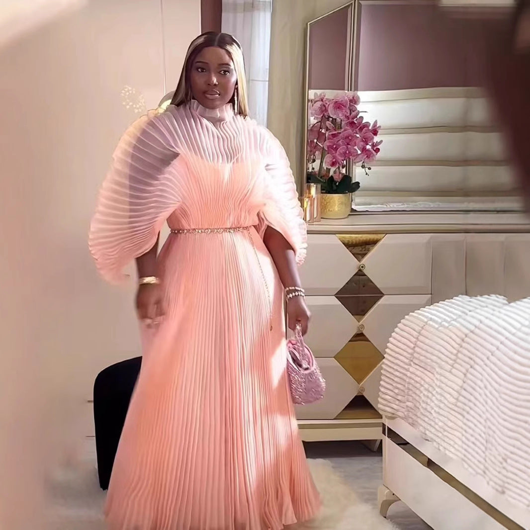 African Women Fashion Elegant Solid Color Pleated Dress