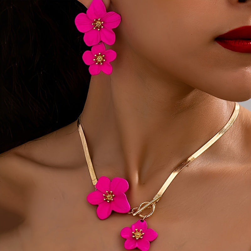 Elegant Alloy Floral Pendant Necklace Earrings Set - Fashion Jewelry