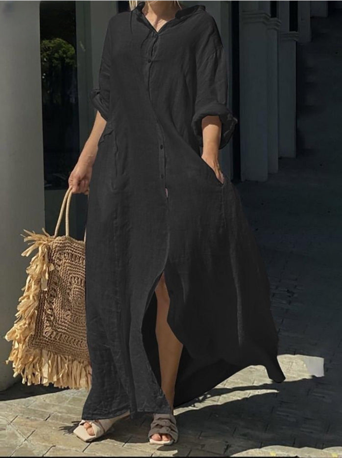 Women Fashion Casual Solid Color Pocket Maxi Dress