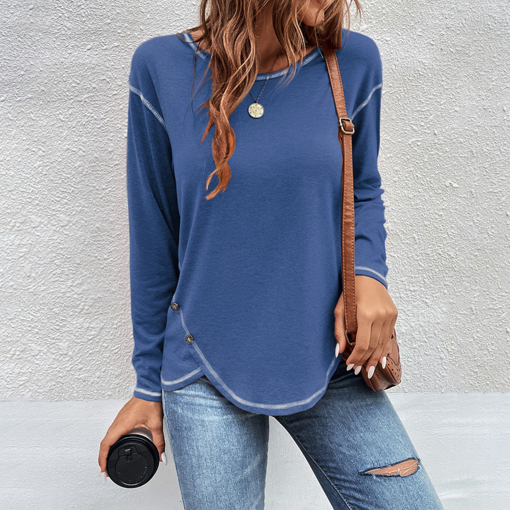 Women Simple Solid Color Button Irregular Round Neck Long Sleeve Blank T-Shirt
