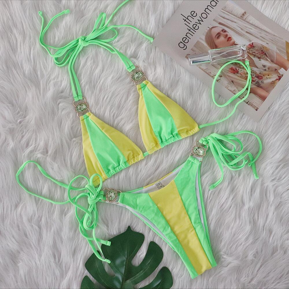 Vacation Women Sexy Rhinestone Contrast Bikini