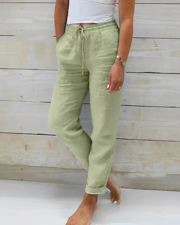 Women Casual Solid Color Cotton And Linen High-Waist Lace-Up Pants