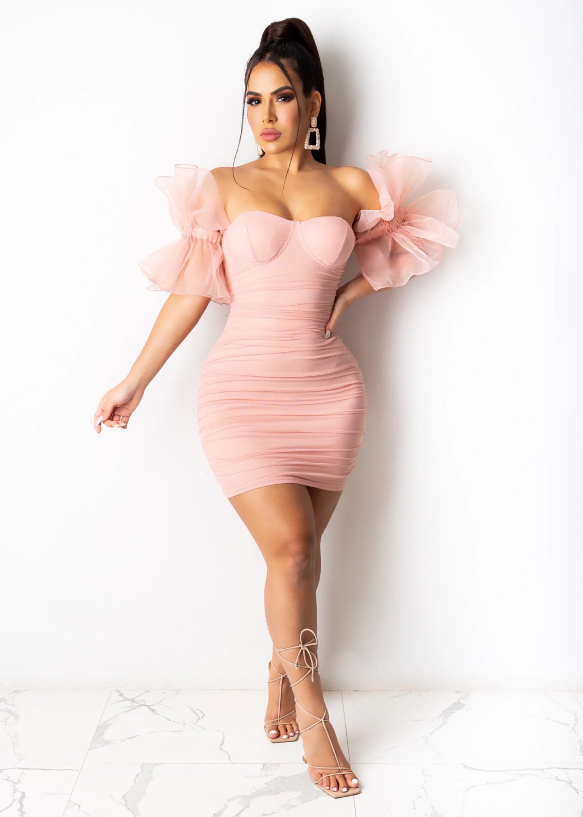 Women Fashion Sexy Elegant Irregular Mesh-Sleeves Dress