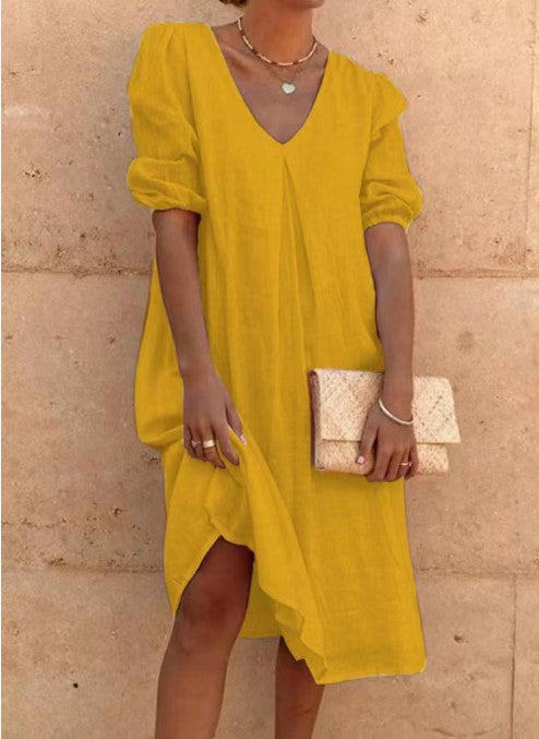 Women Fashion Casual Solid Color Cotton Linen V-Neck Dress