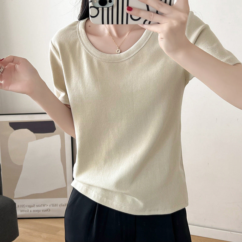 Fashion Basic Women Solid Color Rib-Knit Short Sleeve Blank T-Shirt
