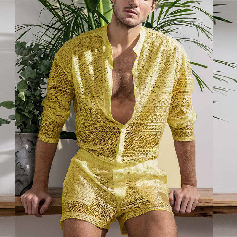 Ensemble deux pièces décontracté à manches longues et chemisier creux en coton pour homme