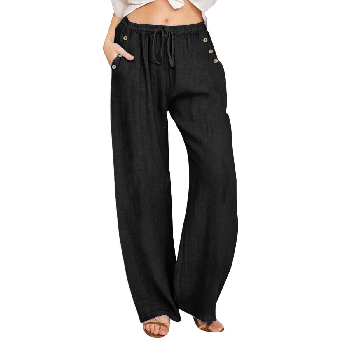Pantalon décontracté en coton et lin de couleur unie pour femme