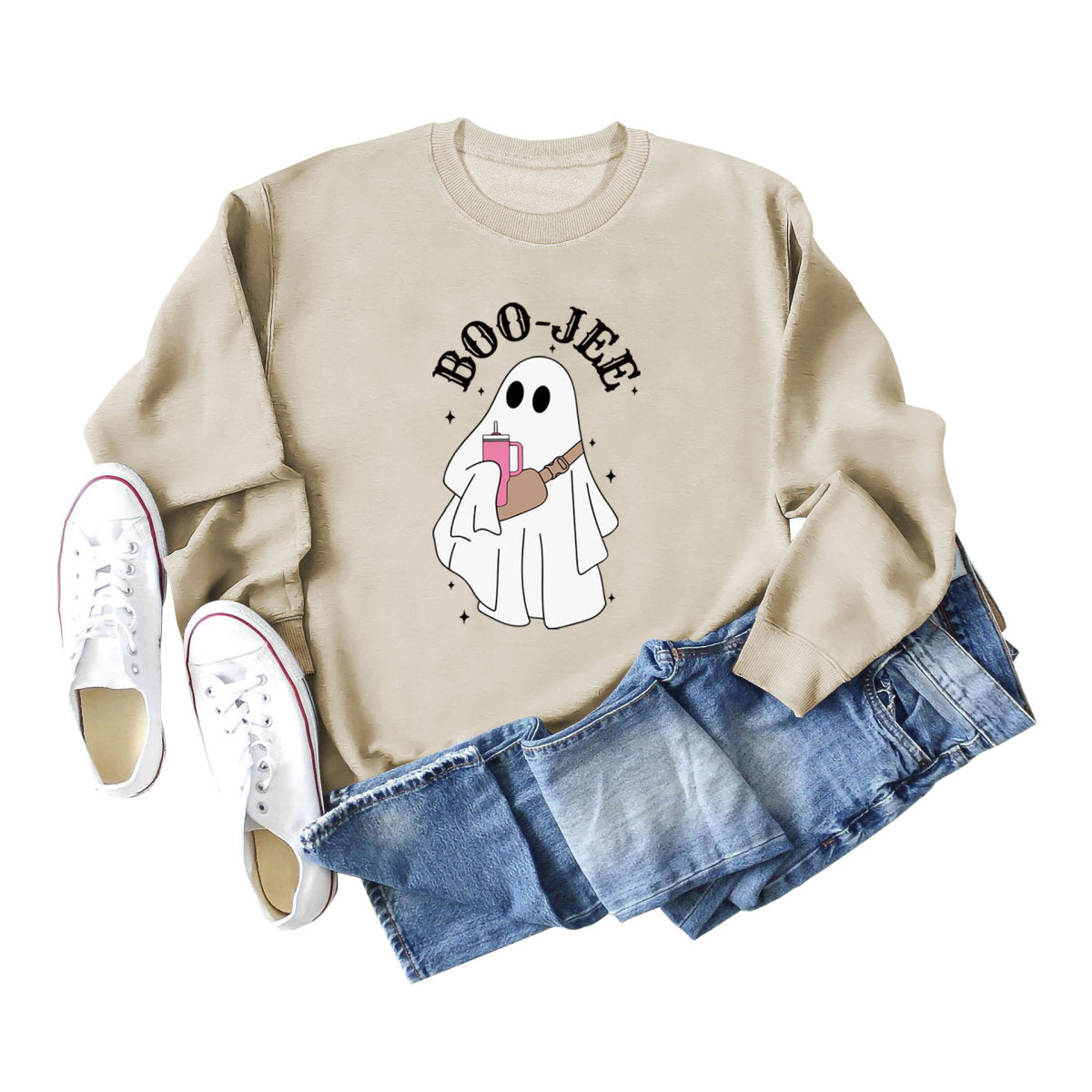 Sweat-shirt ras du cou imprimé fantôme de dessin animé pour femme Halloween