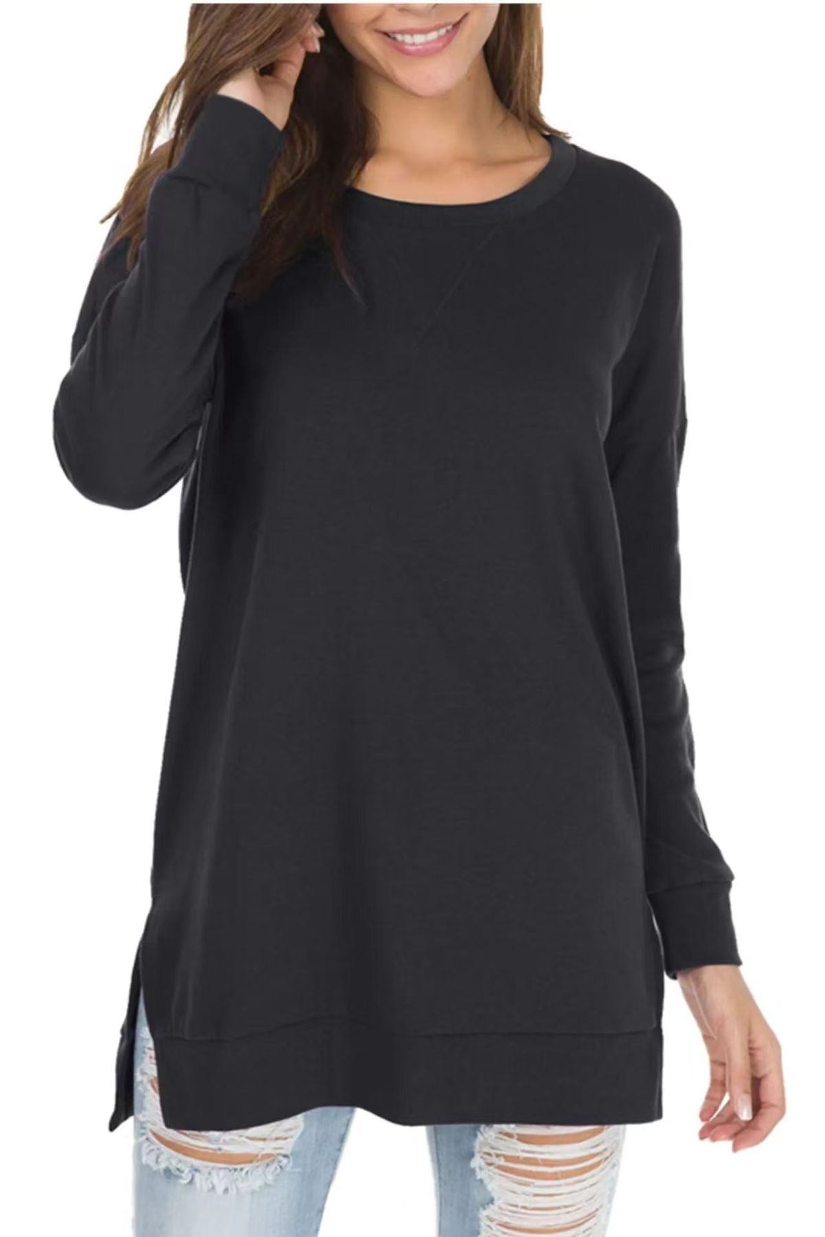 Women Simple Solid Color Round Neck Long Sleeve Blank T-Shirt