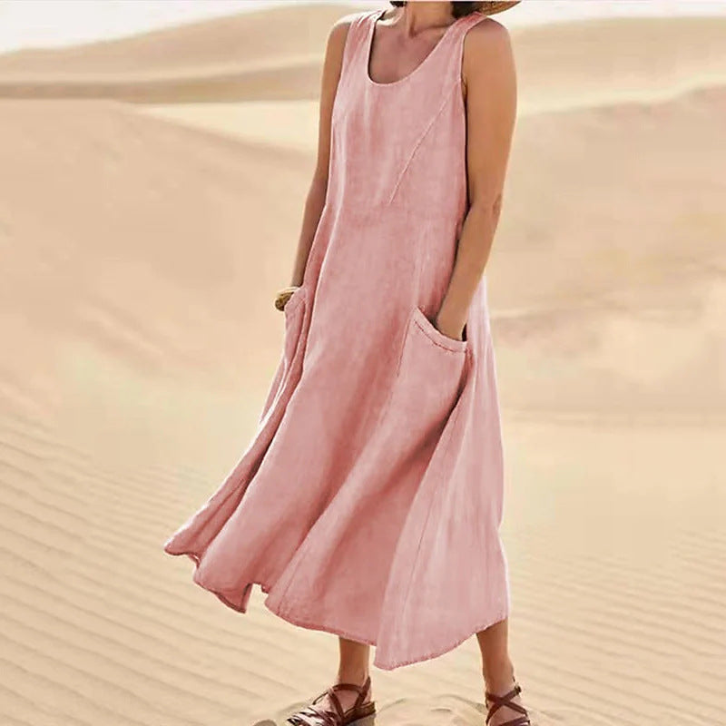 Robe d'été décontractée en lin de couleur unie pour femme