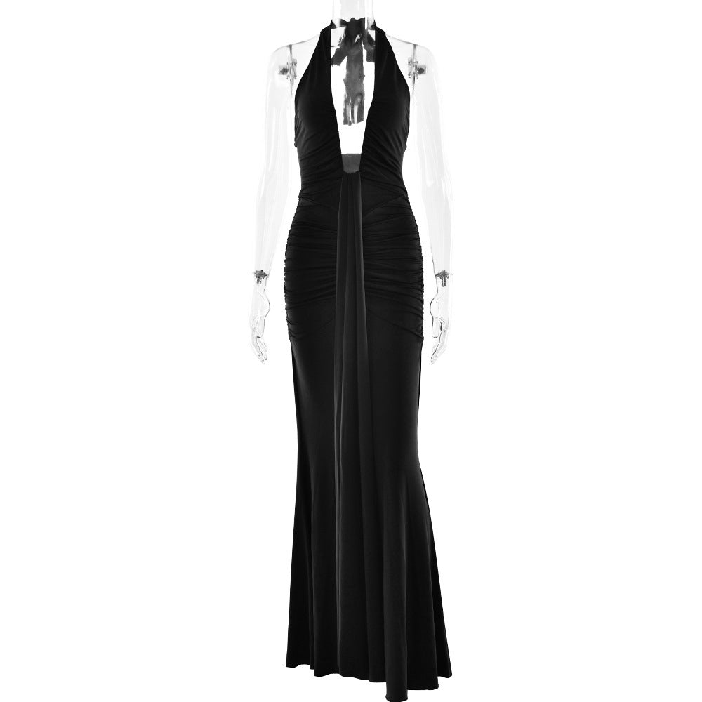 Robe sexy à col licou de couleur unie pour femme