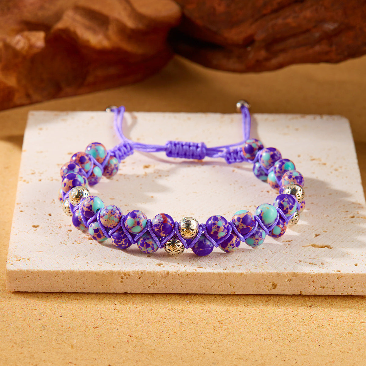Women Fashion Casual Boho Handmade Woven Double-Layer Winding Natural Stone Bracelet