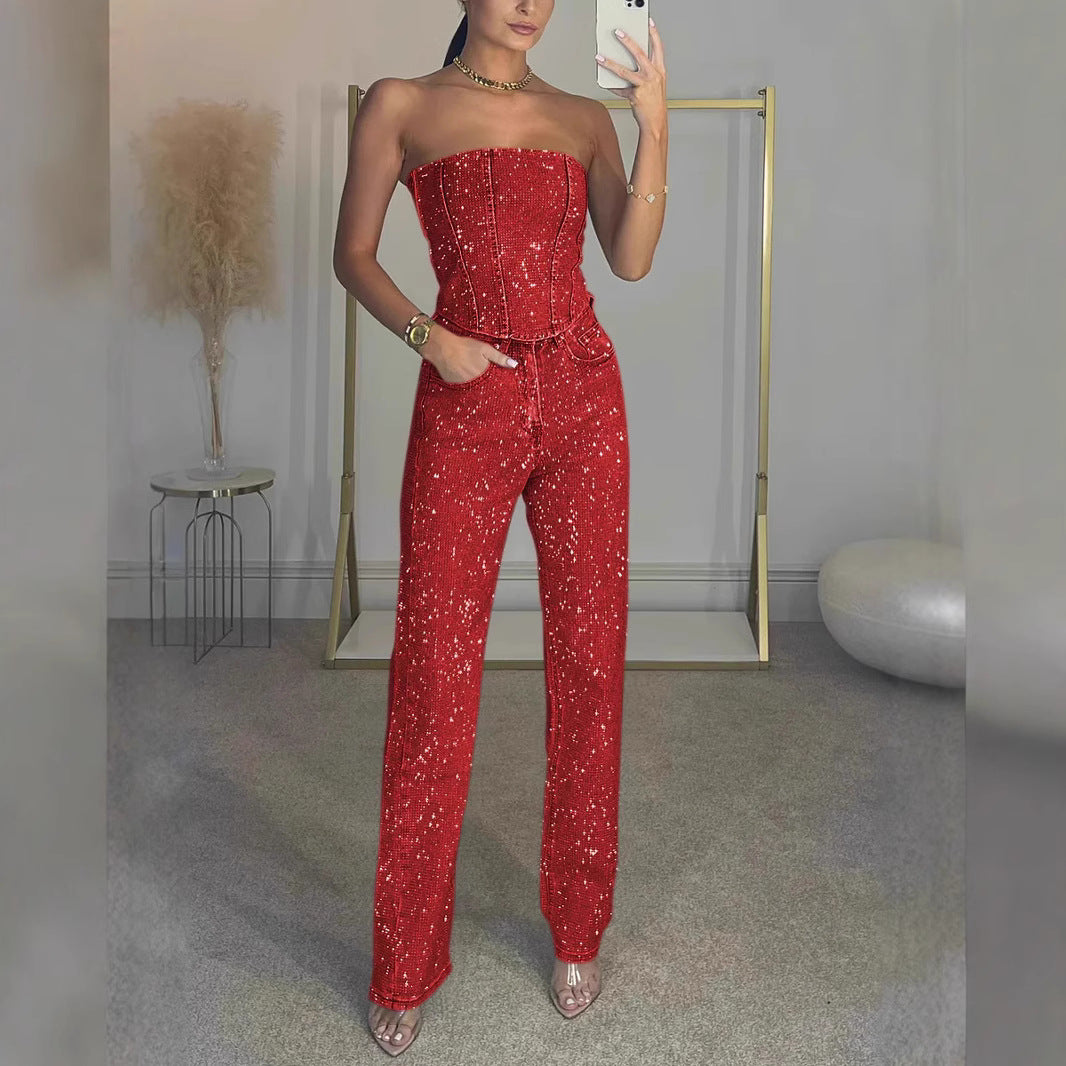 Women Fashion Sexy Solid Color Rhinestone Tube Top Set