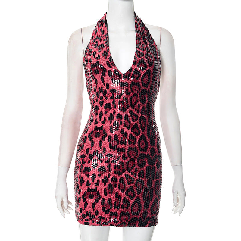 Robe sexy à paillettes léopard et col licou pour femme