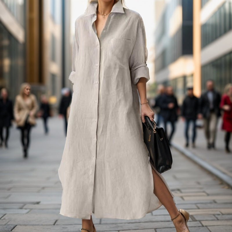 Vestido informal de lino y algodón con abertura irregular y suelto para mujer
