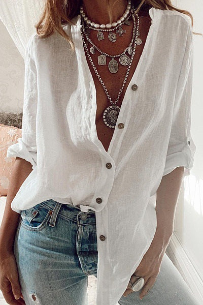 Camisa de lino y algodón de otoño de gran tamaño para mujer