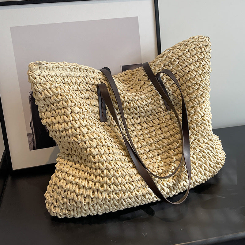 Bolso tote tejido de paja de color sólido, informal, de moda para mujer, con gran capacidad