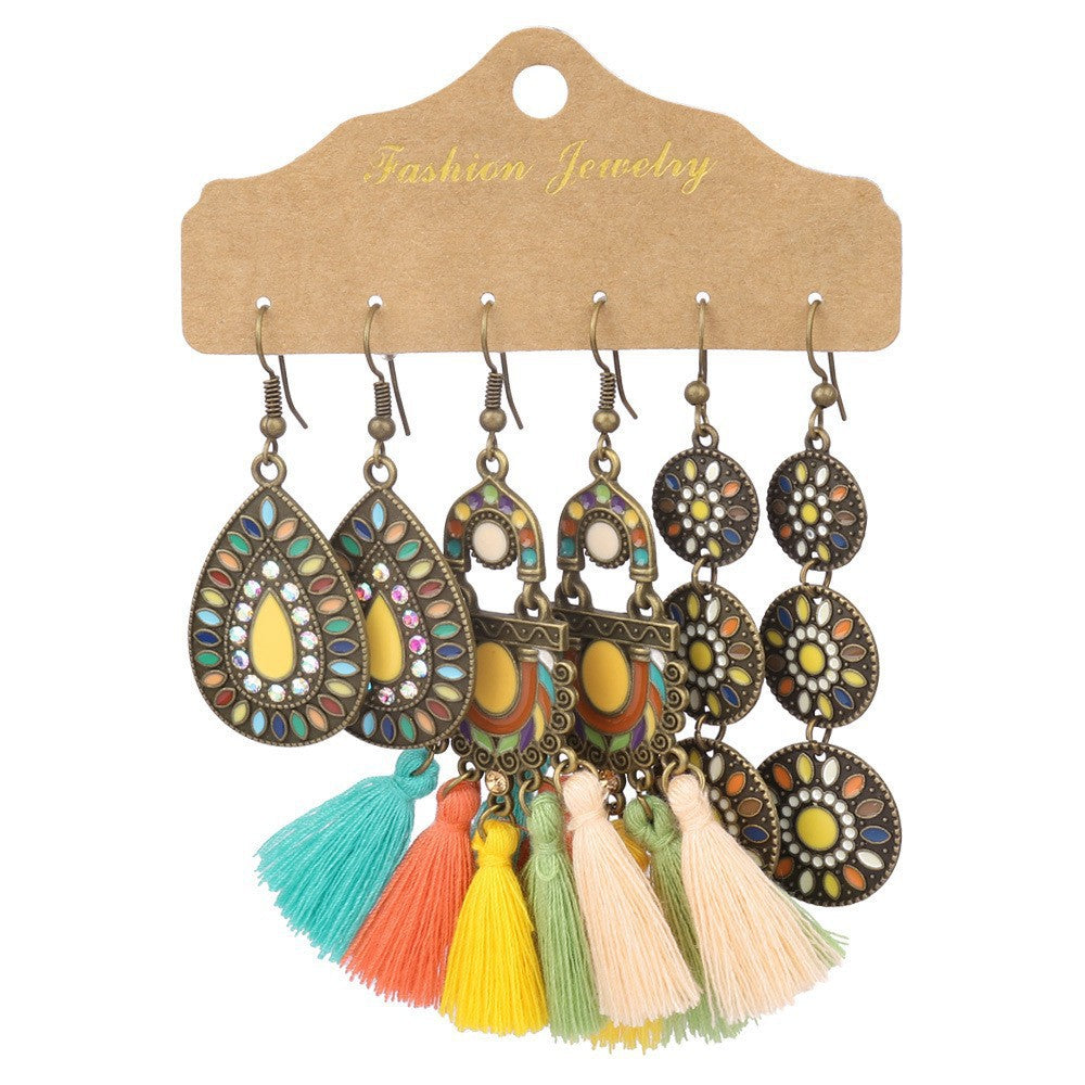 Conjunto de pendientes con borlas creativas retro de estilo étnico bohemio