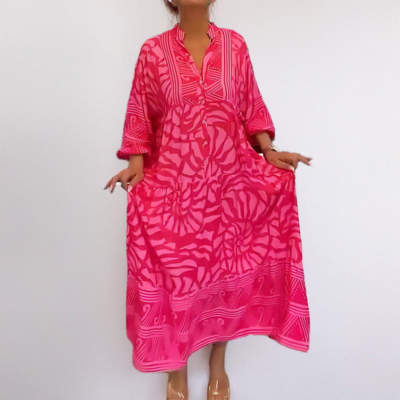 Vestido informal de talla grande con cuello en V y manga larga para mujer