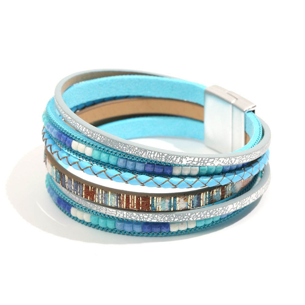 Pulsera bohemia de cuero multicapa con hebilla magnética