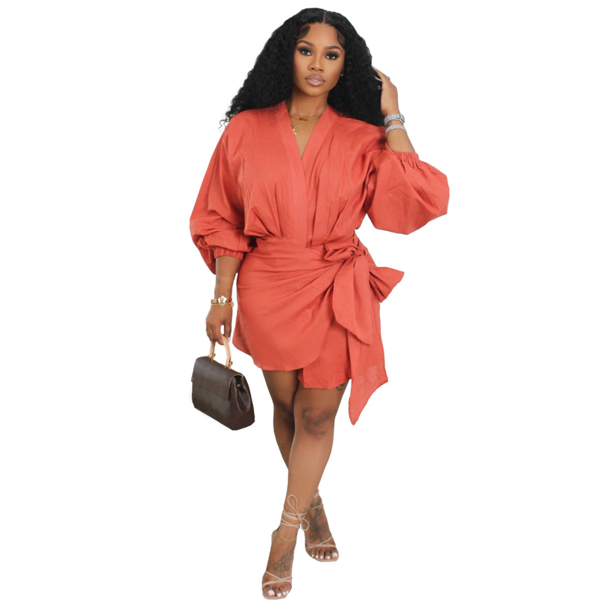 Robe mi-longue en lin à col en V et manches bouffantes pour femme