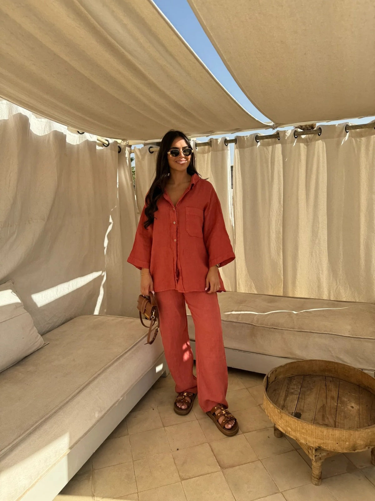 Summer Women Casual Solid Color Lapel Shirt Pants Set