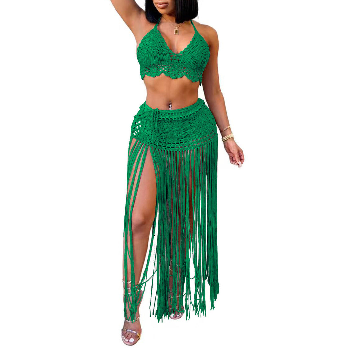 Women Summer Vacation Solid Color Crochet Tassel Coverup Set