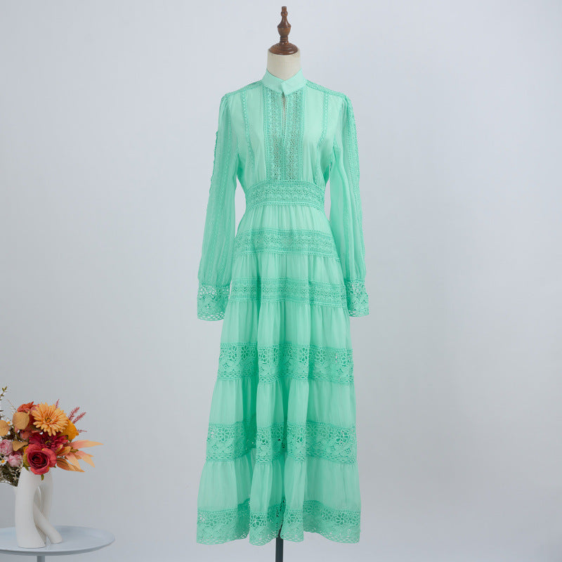 Stand Collar Stitching Lace Hollow Button Maxi Dress