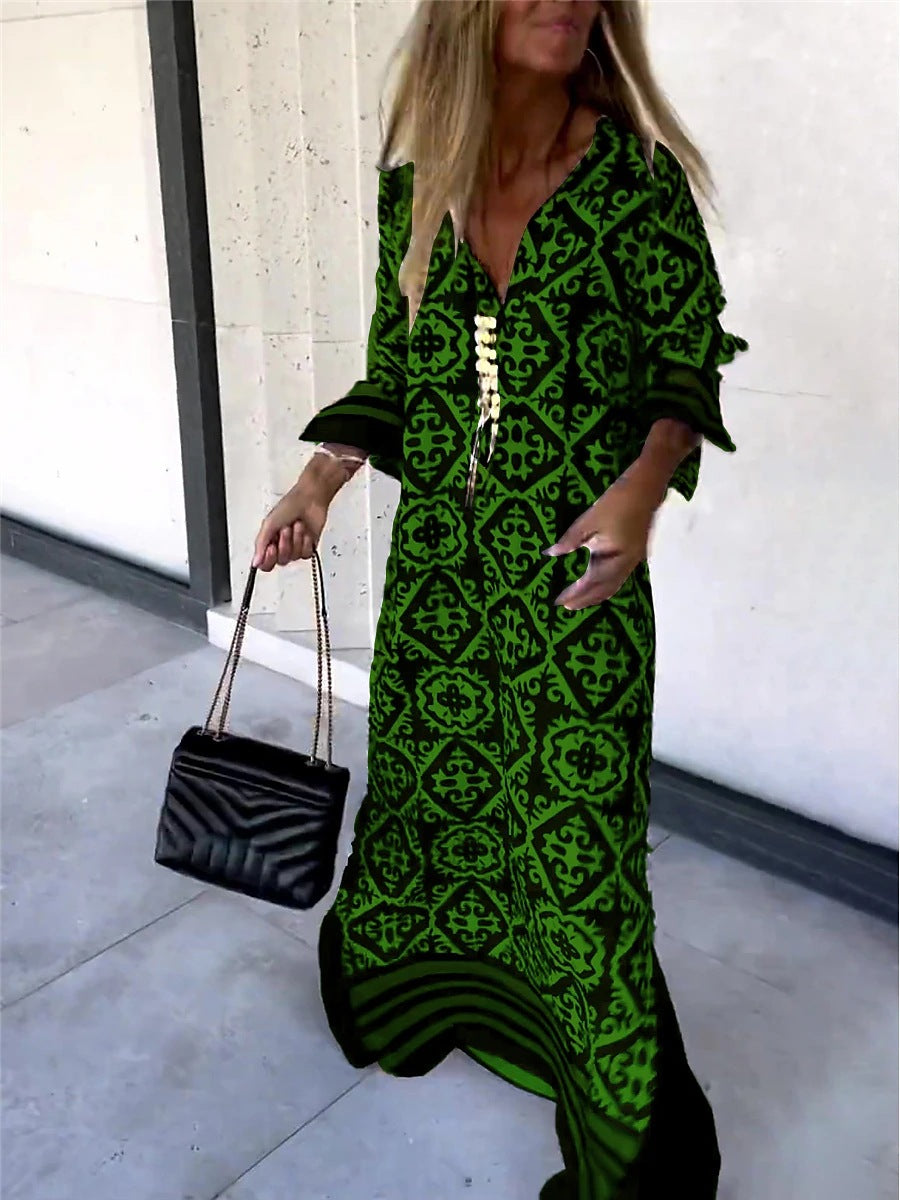 Women Casual Boho Style Geometry Stripe Print Long Sleeve V Neck Maxi Dress