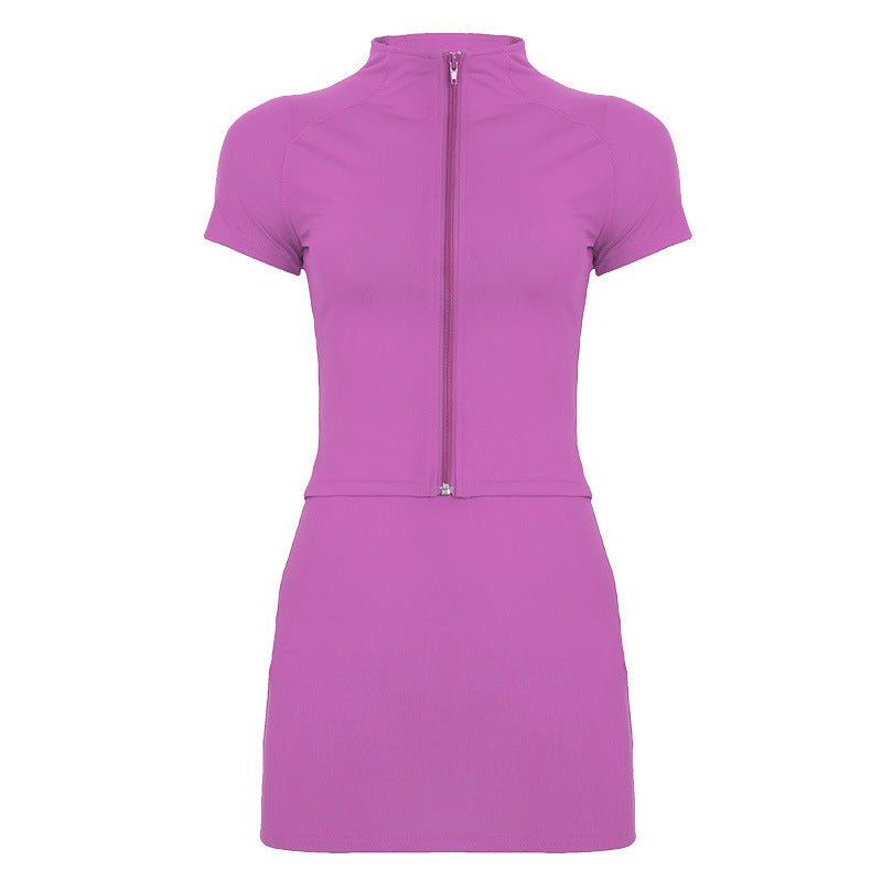 Women’s Fashion Solid Color Short-Sleeve Zipper T-Shirt Set