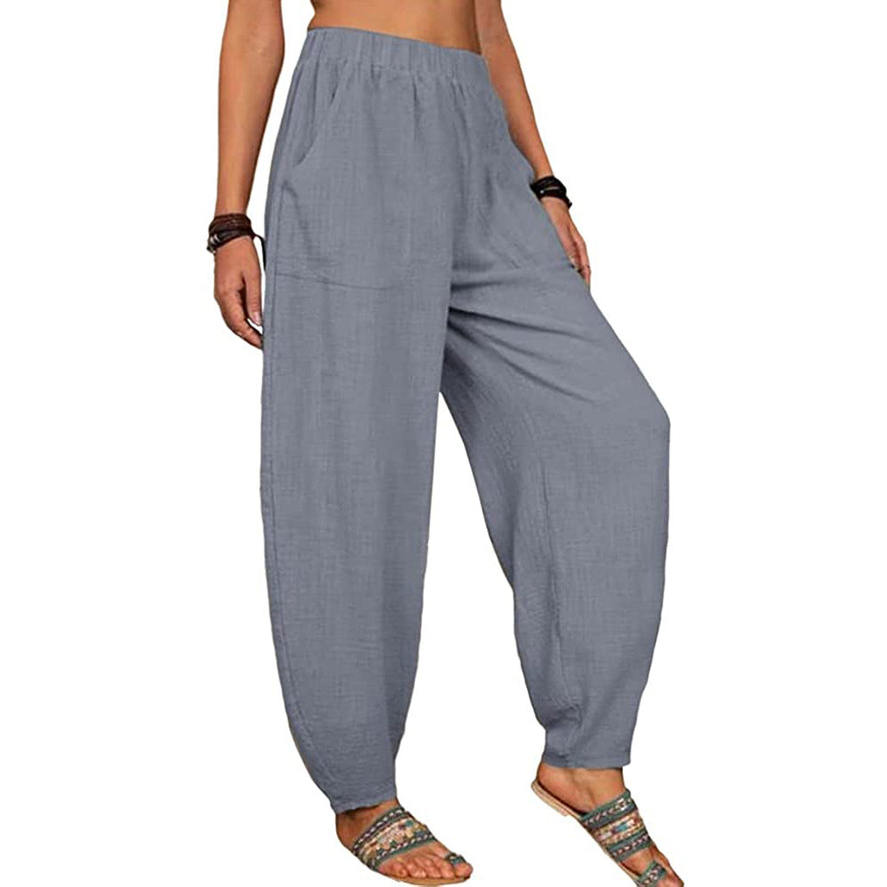 Pantalones harén de lino y algodón informales a la moda para mujer