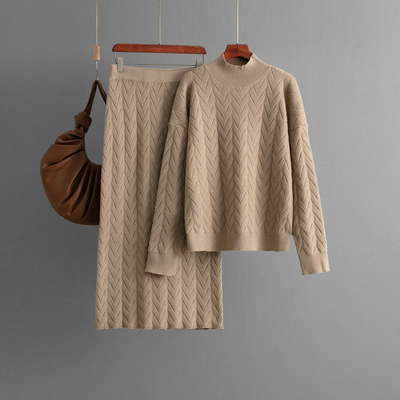 Ensemble pull et jupe en tricot décontracté de couleur unie pour femme