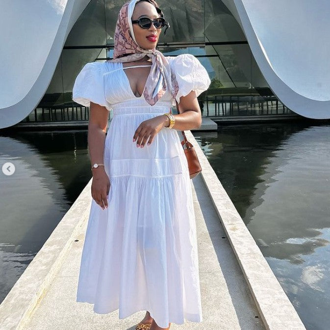 Women Casual Solid Cotton V-Neck Maxi Dress