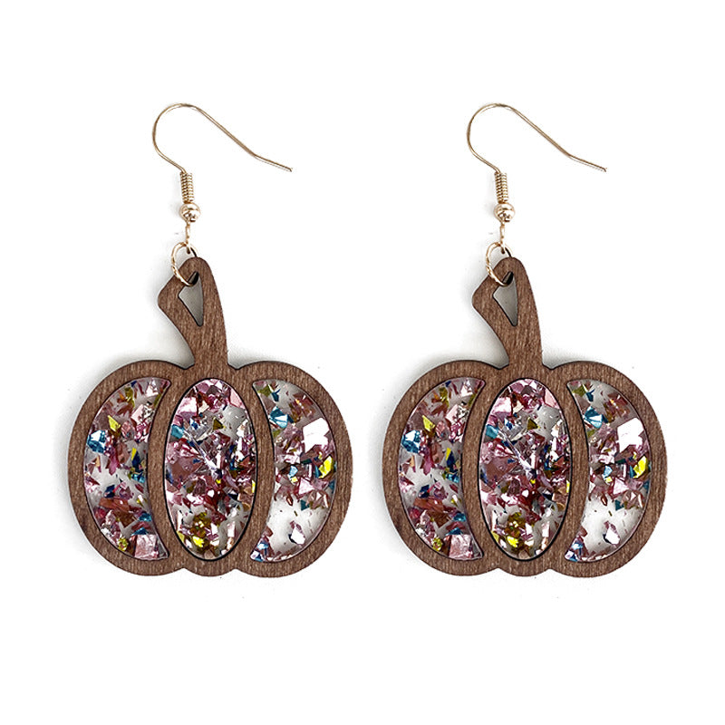 Pendientes de madera con forma de calabaza y purpurina para Halloween para mujer