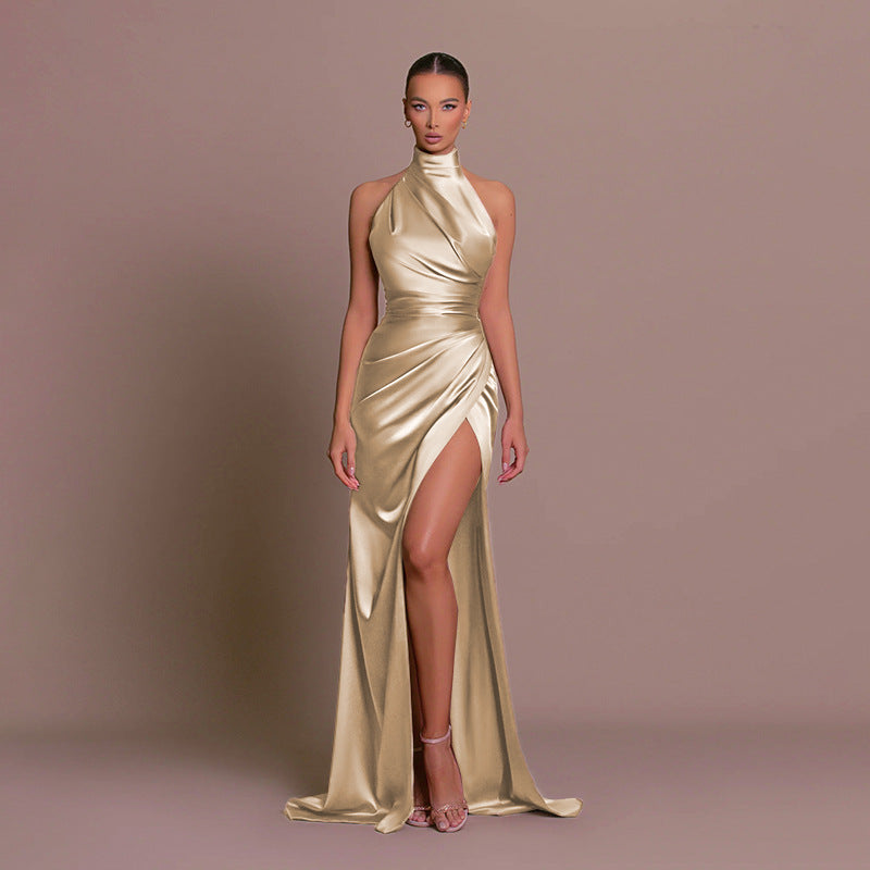 Women Elegant Solid Color Side Split Party Dress