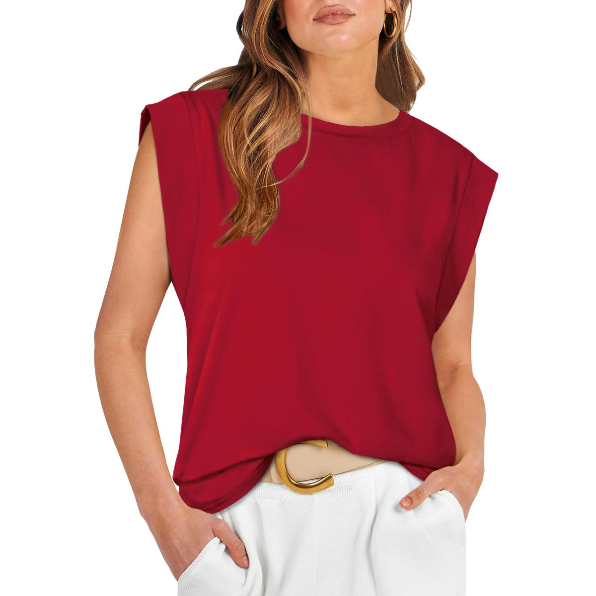 Camiseta holgada informal de verano para mujer, color liso, cuello redondo