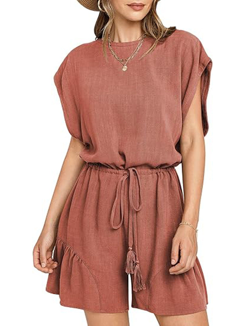 Combinaison décontractée en coton et lin pour femme, couleur unie