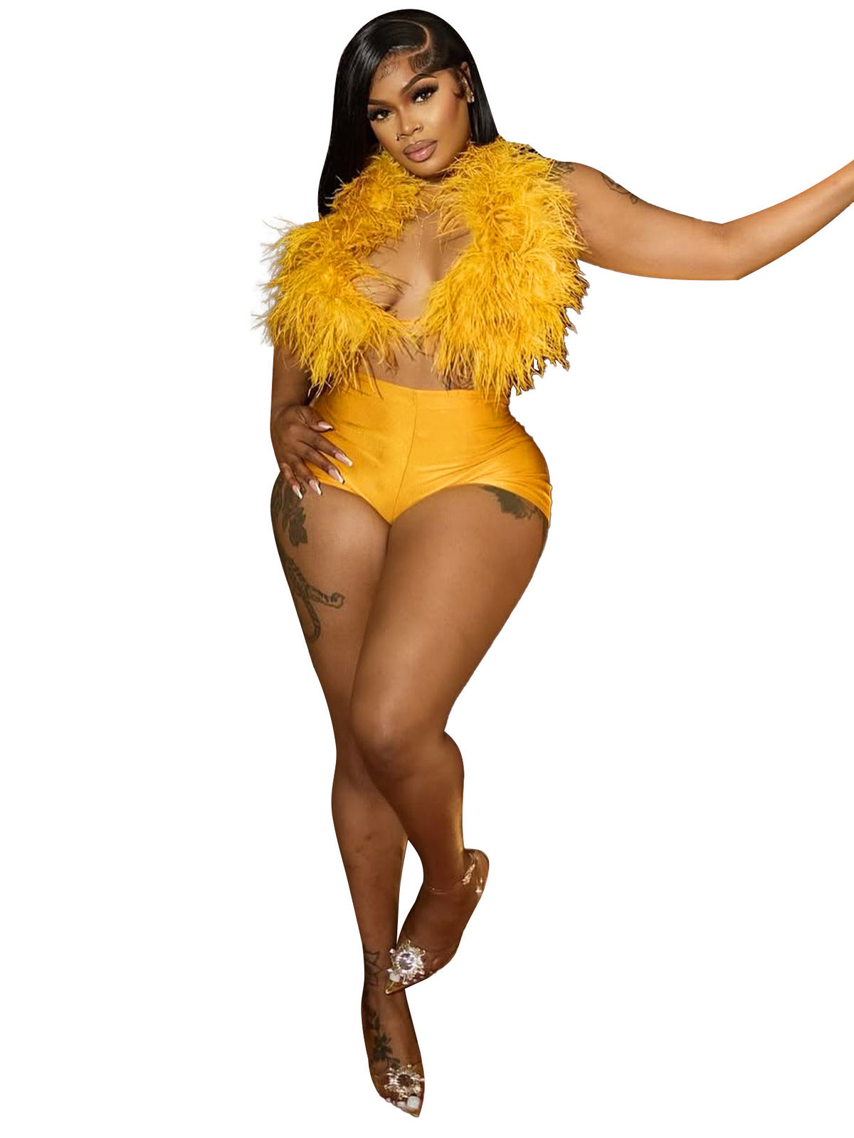 Haut à plumes sexy à col licou pour boîte de nuit