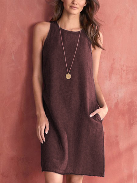 Vestido de cuello redondo de lino y algodón a la moda para mujer