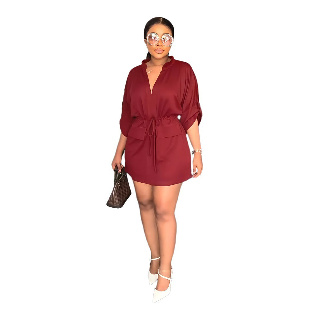 Women Fashion Casual Solid Color V-Neck Dress